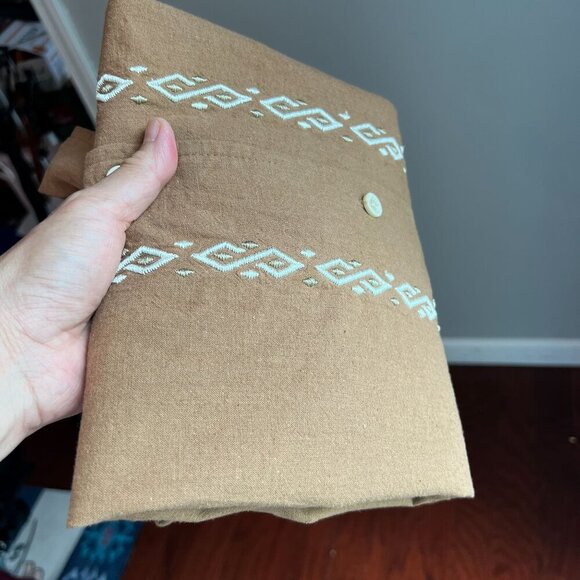 Folk Men's Maze Short Sleeve Chain Stitch Embroidery Shirt LARGE Tan Linen Blend - Picture 10 of 10